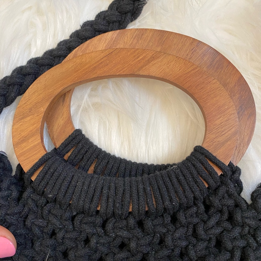 Danielle Nicole Black Macrame Satchel Fringe Fray… - image 3